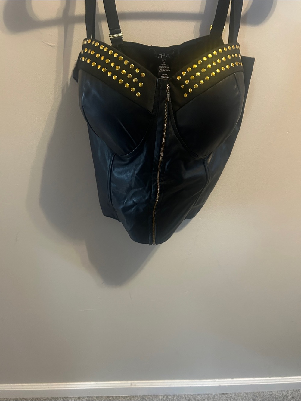 Black Faux Leather Studded corset Chemise with Gold Accents